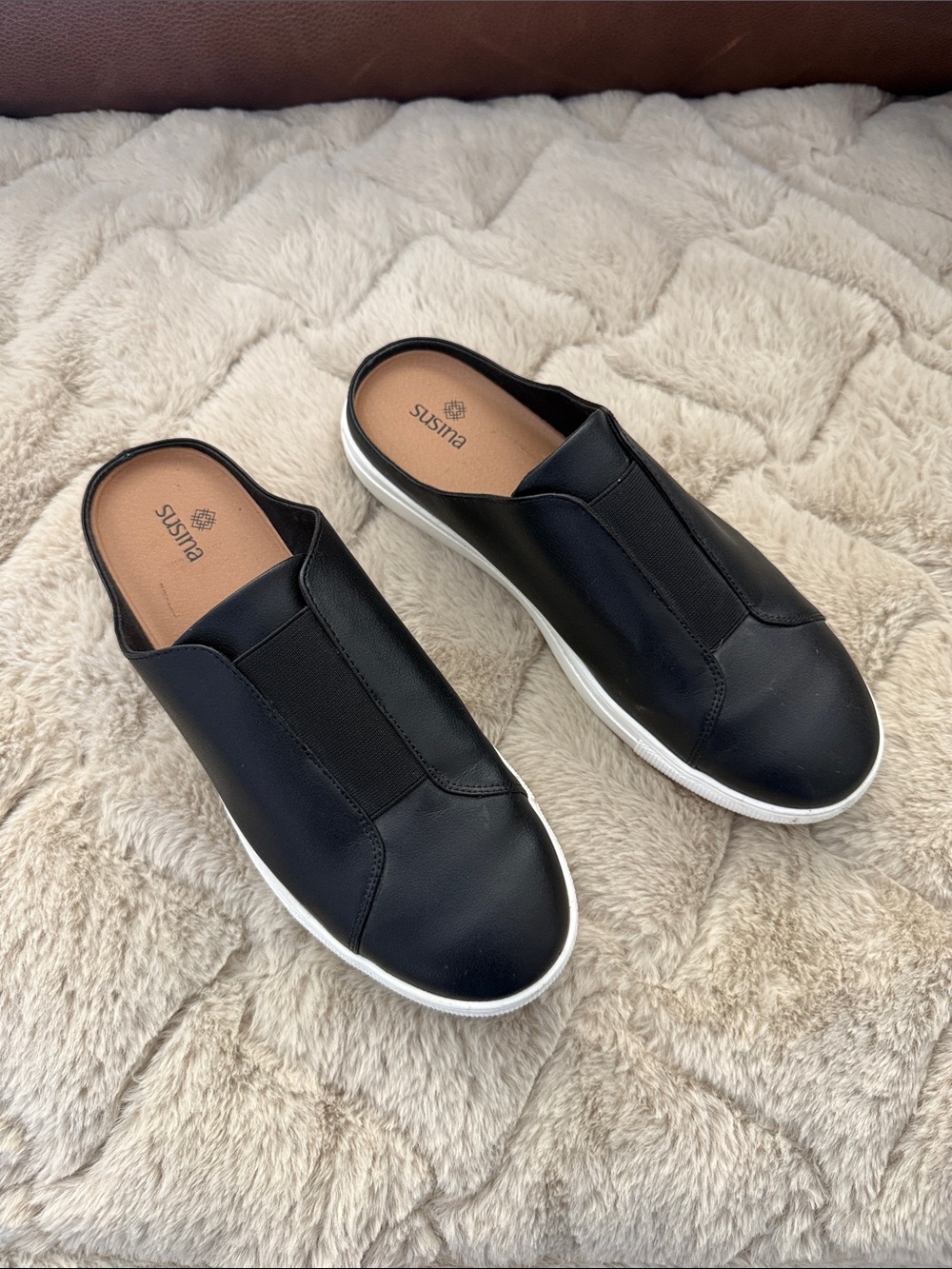 Susina Black Leather-Look Slip-On Mule Sneakers with White Sole